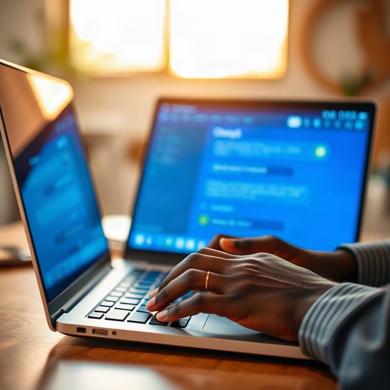 Professional typing on a laptop with chat interface open